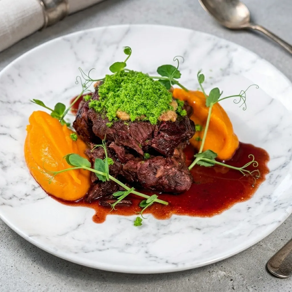 Braised beef with pumpkin purée and herb crumble