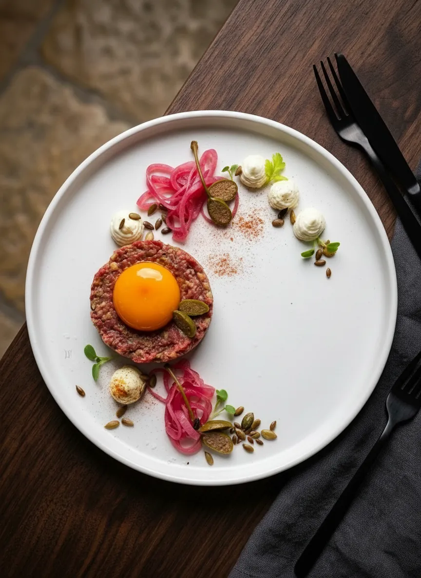 Beef tartare with egg yolk, pickled onion and capers