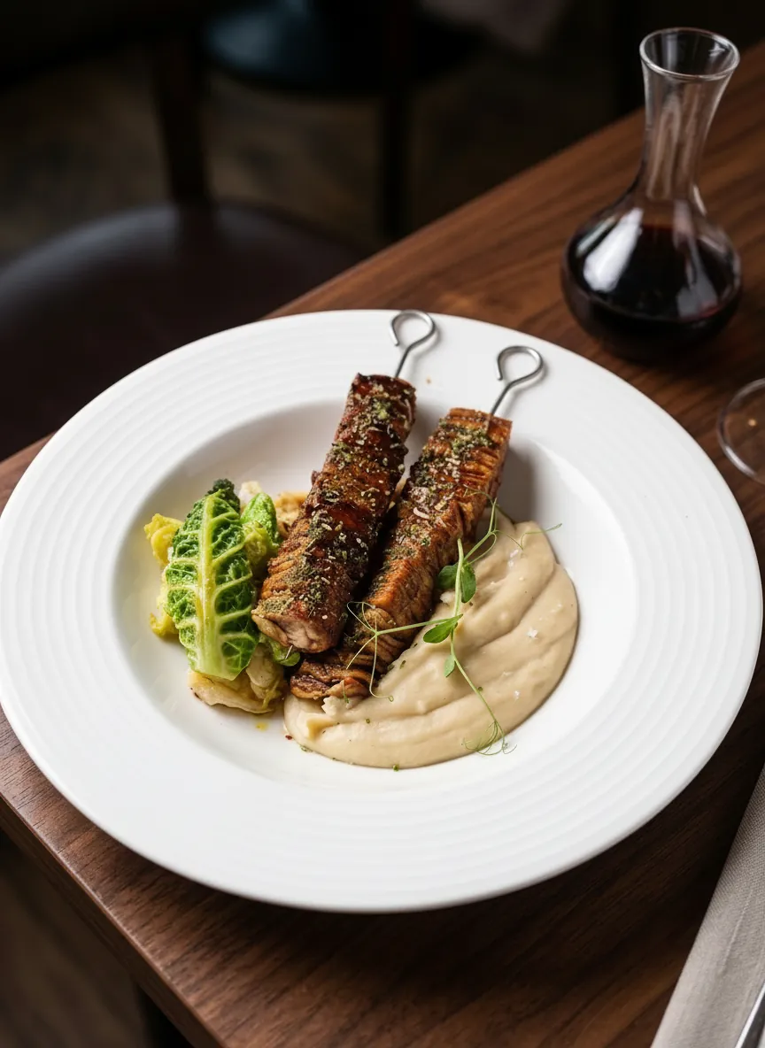 Pork belly skewers, roasted cabbage and white bean cream