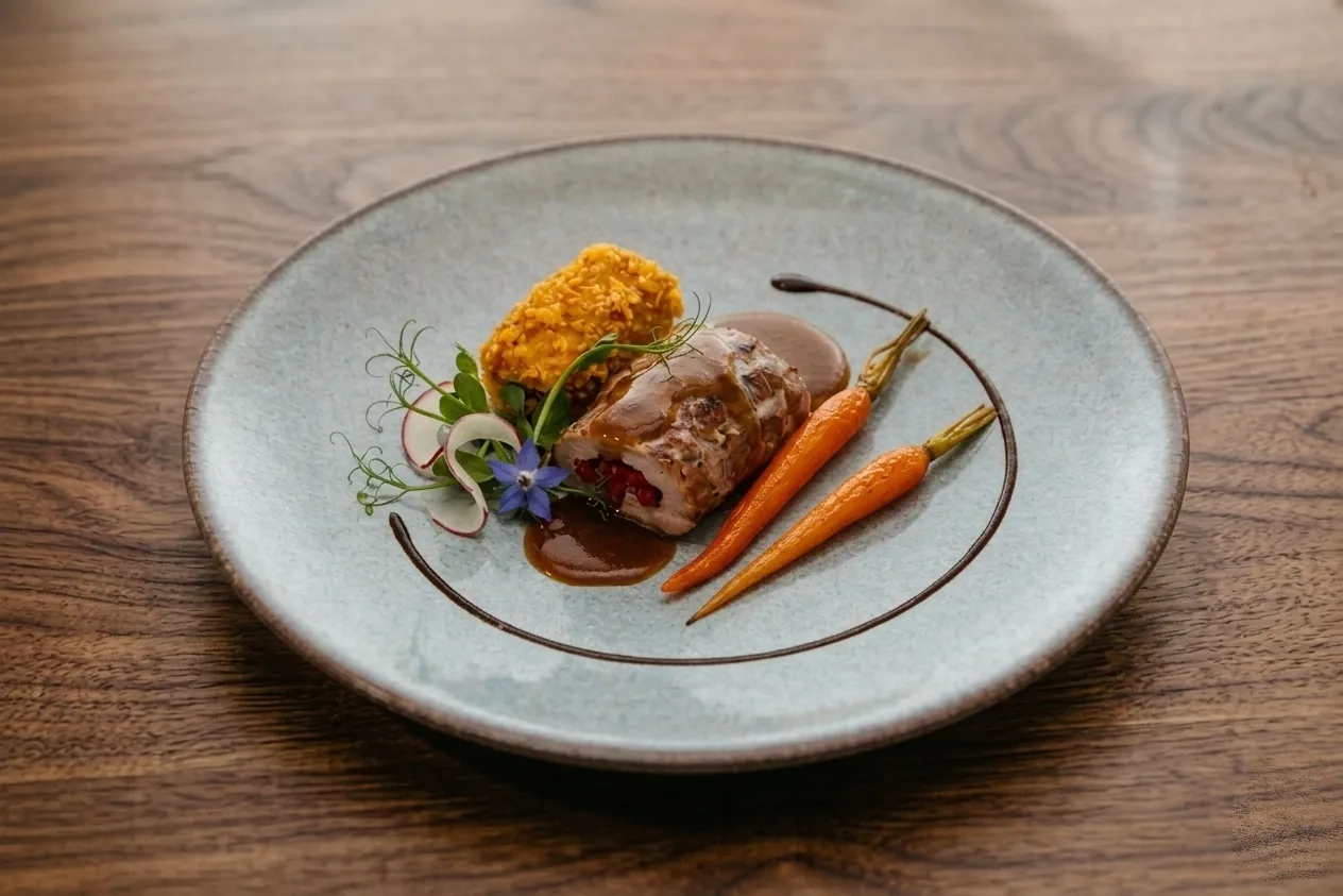 Stuffed roulade with glazed carrots and jus