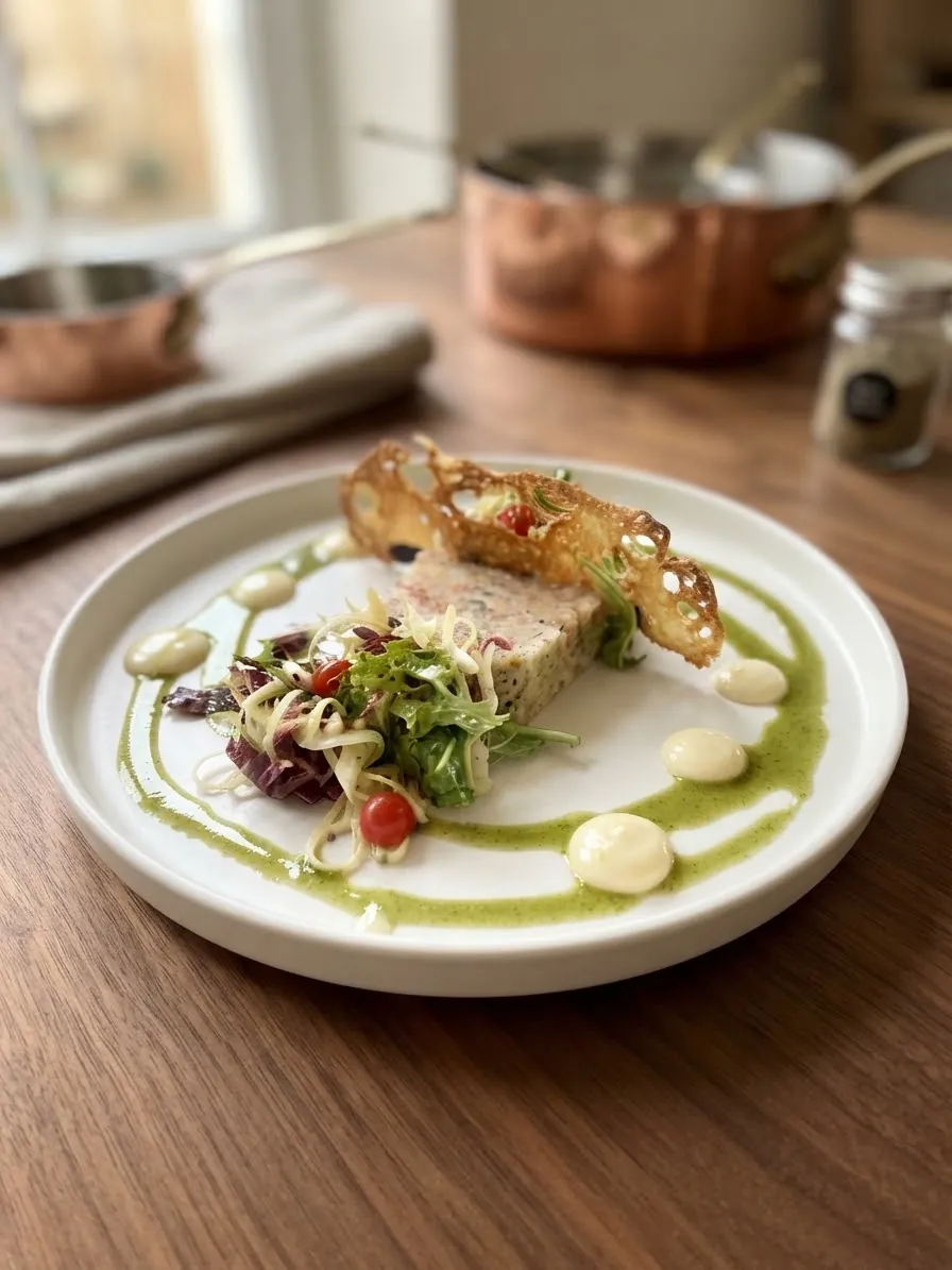Terrine with a lace tuile and salad