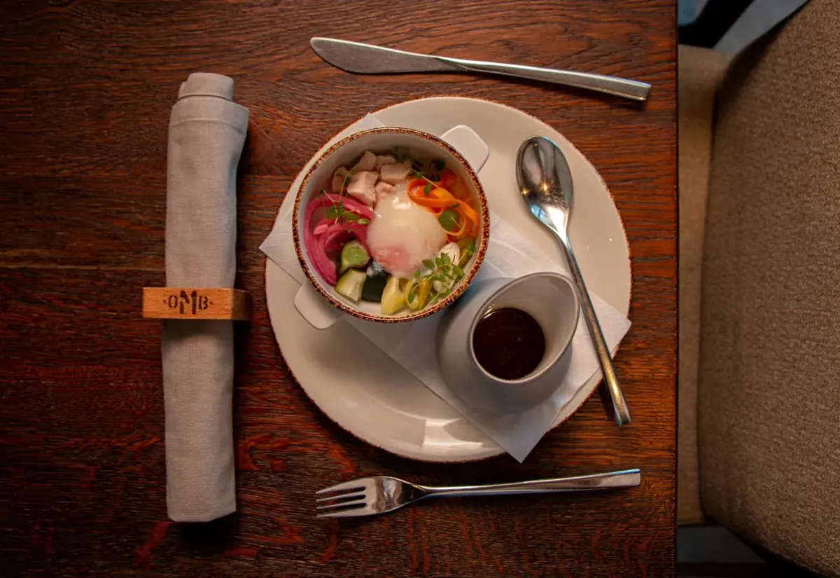 Slow-cooked egg with pickled vegetables and jus, Old Mill