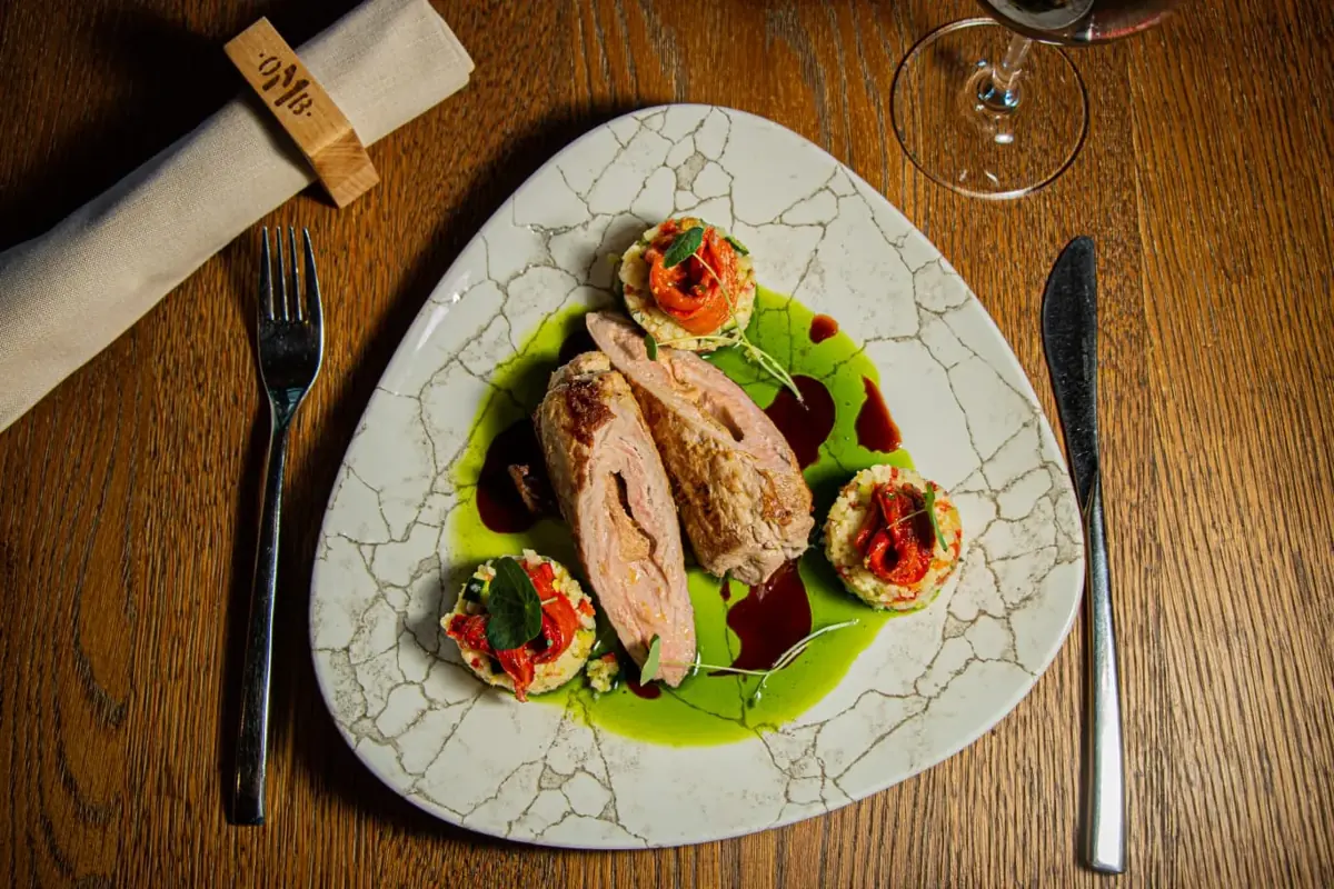 Roulade with herb oil and roasted pepper, Old Mill